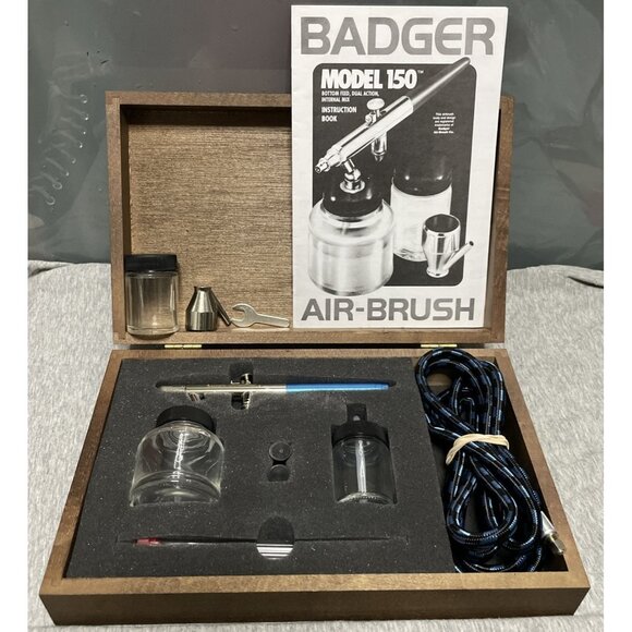 Badger Airbrush Vintage 1987 Model 150-5 PK Siphon Feed Painting Kit Wooden Box